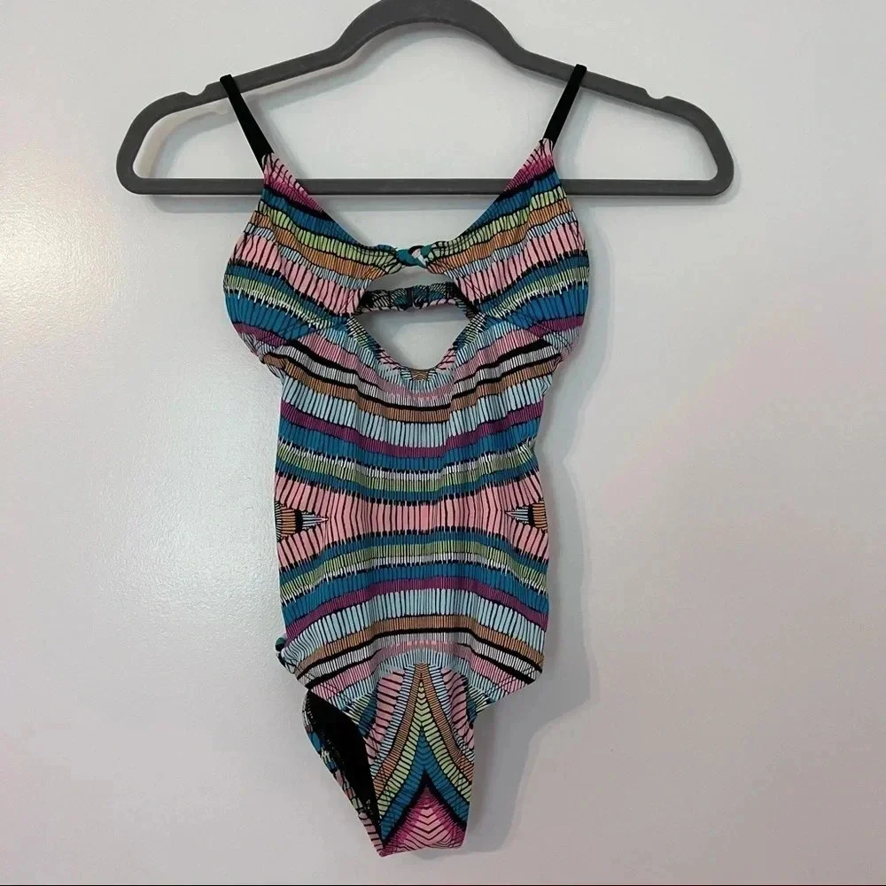 Hobie Colorful Printed One Piece Bikini Swim Suit Girls 8 Front Cut Out